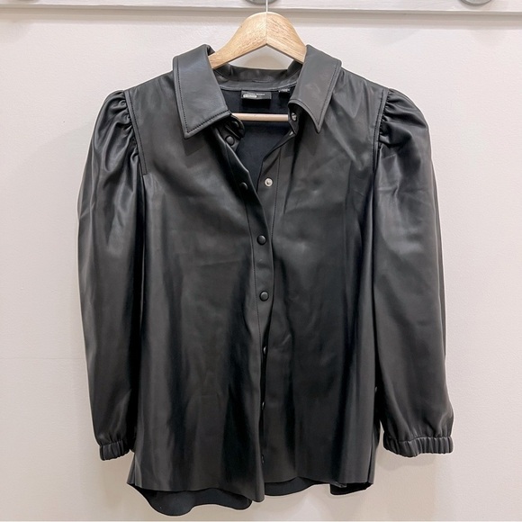 Vero Moda Black fauxleather pleather collared buttondown top with puffed sleeve - Picture 1 of 11